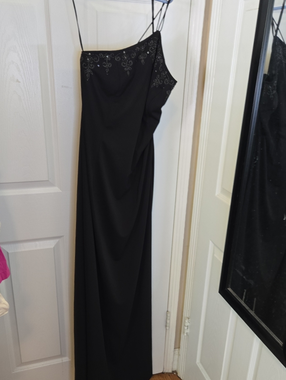 Dave & Johnny Black One-Shoulder Evening Gown with Beaded Trim